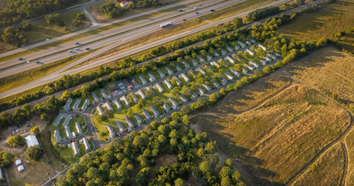 Aerial rendering showing the clubhouse and amenity area at Villages at Nolanville
